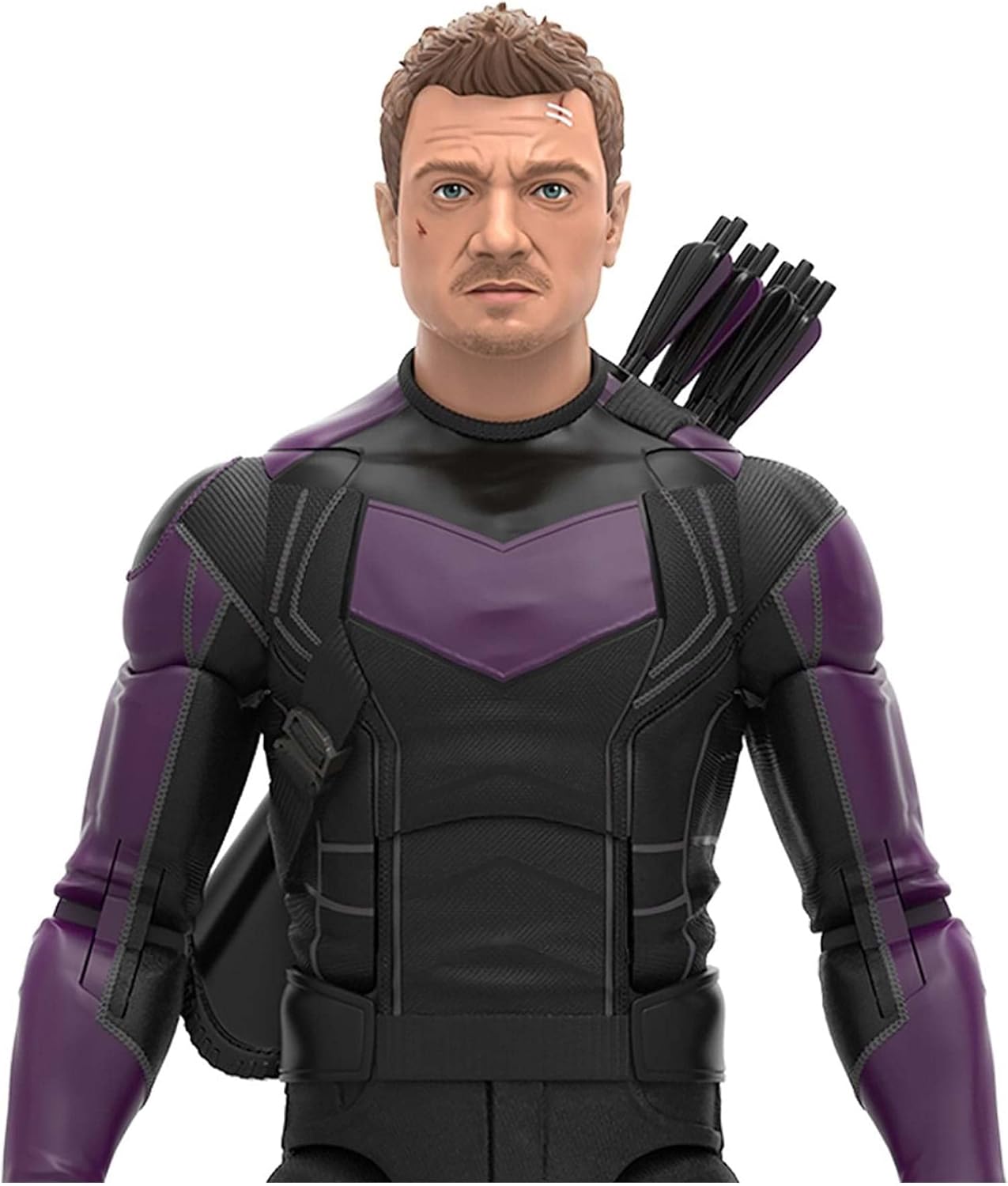 Hawkeye action figure—arms flexed, ready to take aim. Bold colours pop against a simple backdrop, making him stand out. You can almost feel the energy, right? Perfect for any Marvel fan.
