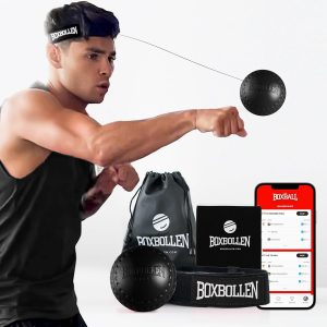 A sleek black Boxbollen Boxing Ball, pops against a stark white backdrop. The vinyl surface gleams, smooth—just waiting for some serious punches.