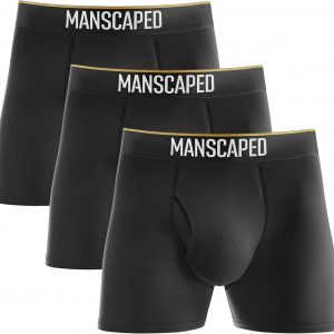 Sleek black Manscaped boxers—perfect fit with that comfy elastic waistband. Breathable fabric, too, laid out flat on a crisp white backdrop. Ideal for all-day wear, right?