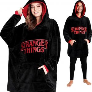 Bright red Stranger Things oodie—cozy, oversized, with a hood and a front pocket. The logo pops right out at you, instantly recognizable for fans. Perfect for binge-watching marathons or just lounging around.