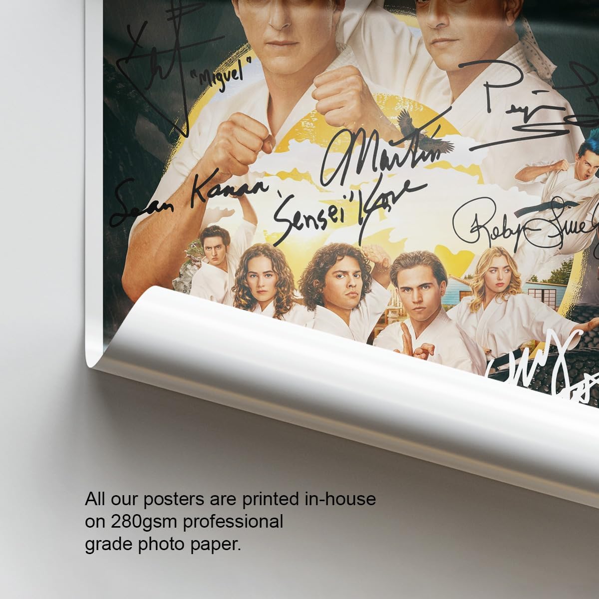 Cobra Kai Season 6 poster—signed by the cast, no less—sits pretty in a sharp black frame. Bevel-edged mounts add a touch of class, making it a must-have for fans. Picture it hanging on your wall, right?