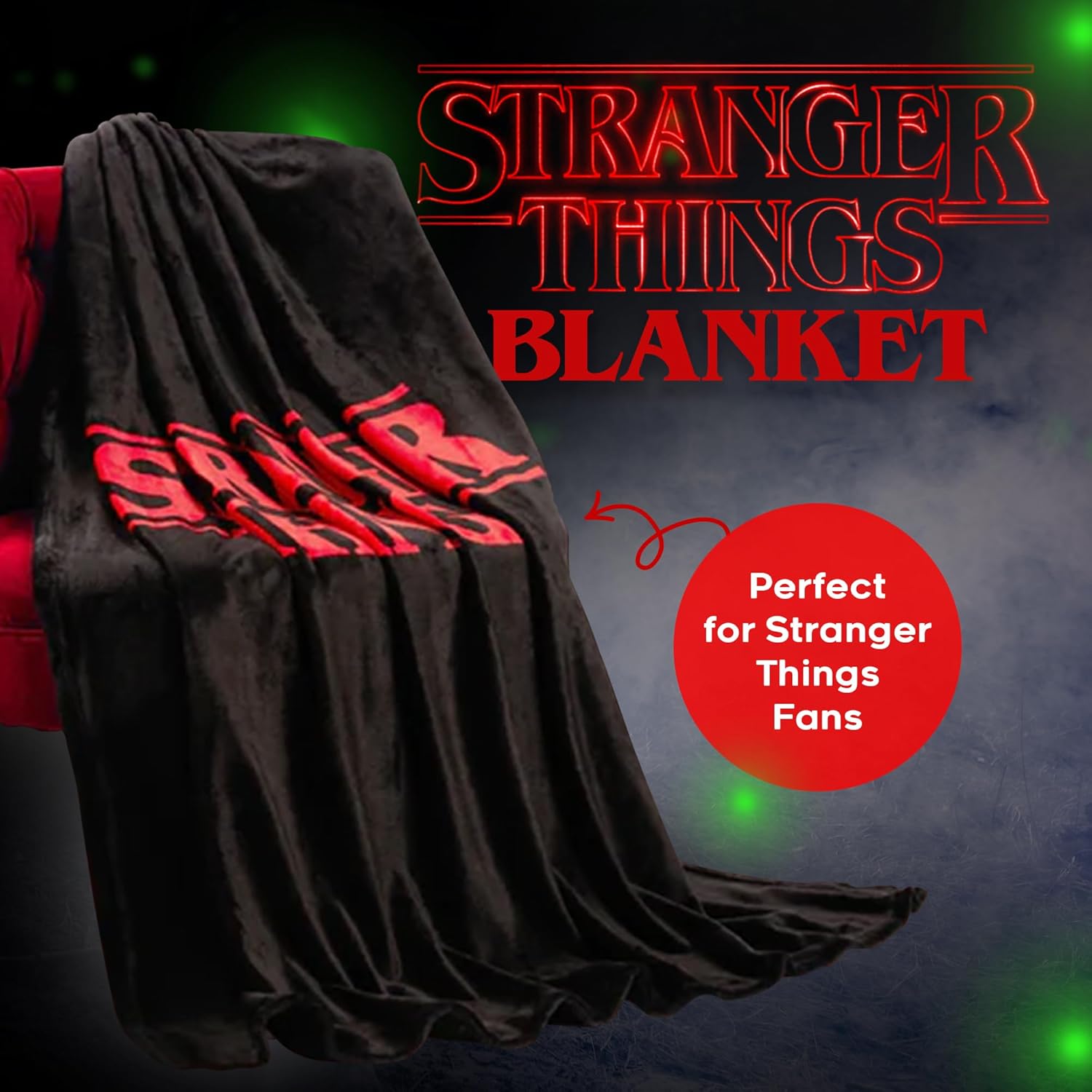 A bright red fleece blanket from Stranger Things, all folded up on the sofa. You can’t help but notice the plush softness—it's just begging for a cozy movie night. The design? Super vibrant, totally eye-catching. Perfect for fans.