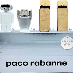 A delightful Paco Rabanne miniature fragrance set—five chic glass bottles, each with its own quirky shape and size. Perfect for those who love variety, or just want a small touch of luxury.
