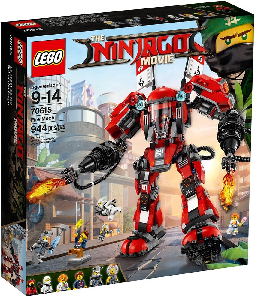 Here’s the LEGO Ninjago Fire Mech set—it's a bright, multi-coloured mech ready for action. Posable limbs, six cool minifigures, including Kai and Zane, stand out against a clean white backdrop. So much fun, really!