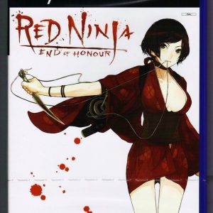 A fierce female ninja, dressed in a killer red outfit, ready for action—she's surrounded by vibrant greenery and those classic Japanese buildings. Perfectly captures the essence of Red Ninja.