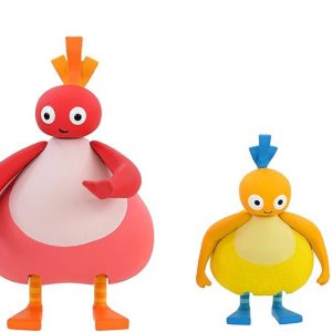 A lively bunch of Twirlywoos—BigHoo, Toodloo, Chickedy Chick, and Peekaboo—spread out on this bright, cheery backdrop. Just look at their playful vibes!