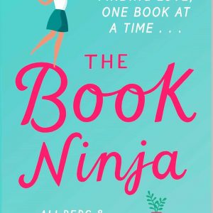 A cheeky little ninja—book-shaped, rocking a sleek black mask and a bright white body—amongst a chaotic sea of books. All this pops against a lively blue backdrop; it just screams fun!