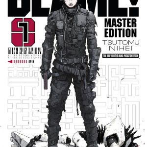 A striking cover of the BLAME! manga, with a sprawling futuristic city behind—towering structures, dark and metallic, almost eerie. In the foreground, a figure stands out, clad in a high-tech outfit, staring into the unknown. There's an energy here, a mix of intrigue and dystopia. The vibe? It's intense.