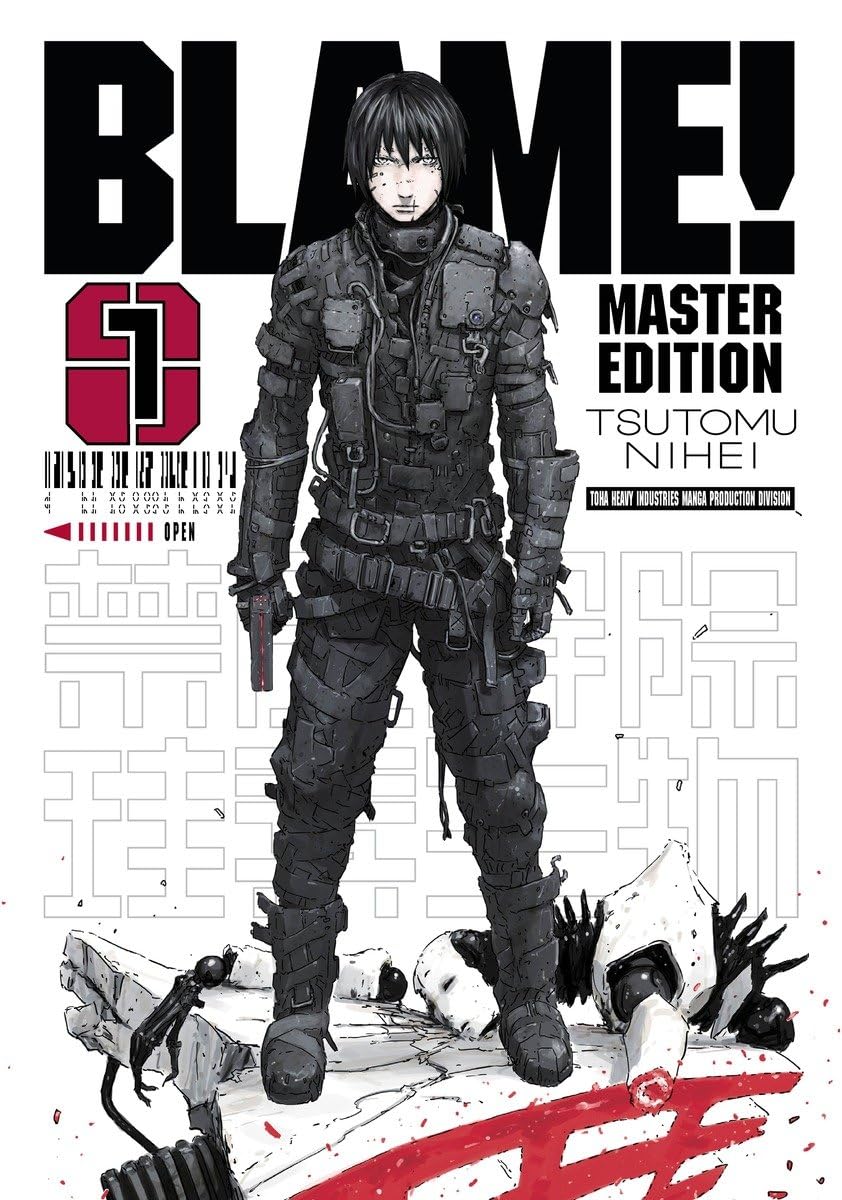 A striking cover of the BLAME! manga, with a sprawling futuristic city behind—towering structures, dark and metallic, almost eerie. In the foreground, a figure stands out, clad in a high-tech outfit, staring into the unknown. There's an energy here, a mix of intrigue and dystopia. The vibe? It's intense.