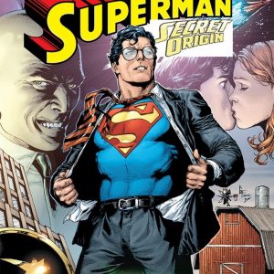 Cover art for "Superman: Secret Origin"—shows Superman soaring above a lively city. The skyline’s bursting with colour, bright blues splashed across the sky, fluffy clouds weaving in and out. It’s a dramatic moment, capturing that classic hero vibe.