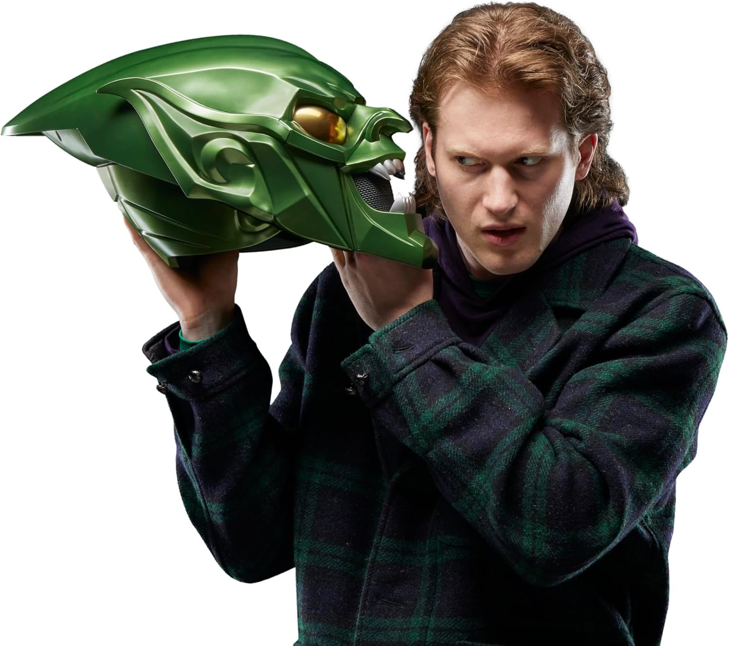 Stunning Green Goblin mask—vivid green with a striking metallic finish. Perfectly showcased on a simple backdrop; it pops, like BAM! Just the thing for costume parties or maybe just to freak out your mates.