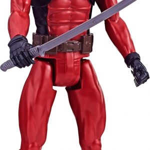 A 12-inch Deadpool figure, full of life—striking pose, vivid red suit, and that cheeky grin that says it all. And those iconic swords? Yeah, they're right there, adding some serious flair. The background? Just a simple canvas for this badassery.