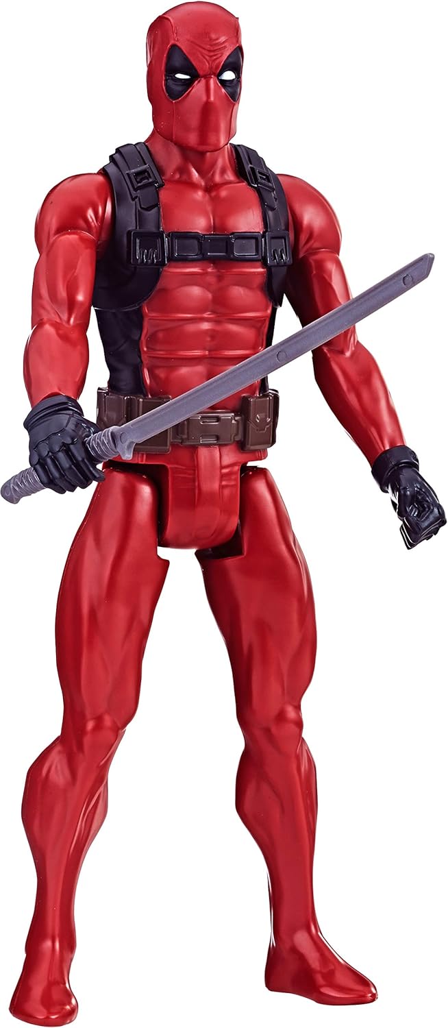 A 12-inch Deadpool figure, full of life—striking pose, vivid red suit, and that cheeky grin that says it all. And those iconic swords? Yeah, they're right there, adding some serious flair. The background? Just a simple canvas for this badassery.