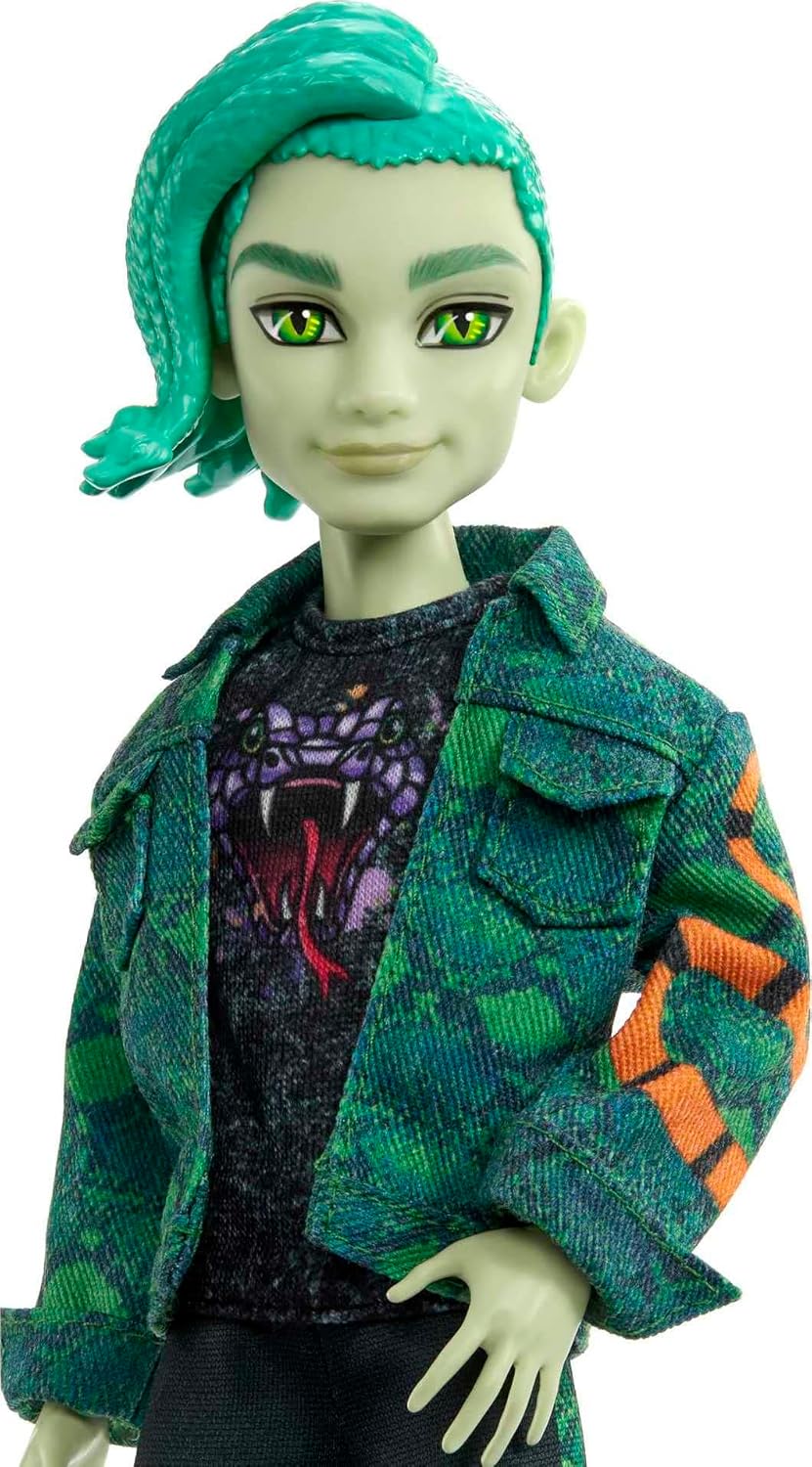 Clawd Wolf doll decked out in a clawed varsity jacket—yeah, it’s as cool as it sounds. Sporting a graphic tee and those edgy ripped jeans, he’s a total vibe. And just look at that wild Monster High backdrop—colourful chaos, really.