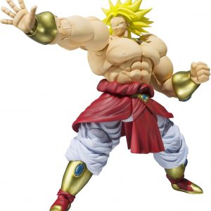 Super Saiyan Broly action figure—just look at that fierce stance! The colours pop like crazy, and those facial expressions? Seriously intense. Set on a simple backdrop; it makes the figure stand out even more.