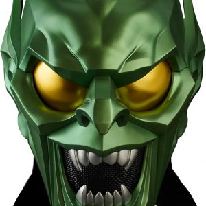 This Green Goblin mask—wow, talk about a killer design! That metallic green finish really steals the show. You can see all the crazy details, like those sculpted features—such a work of art! Set against a plain background, it really pops. Perfect for any fan or collector.