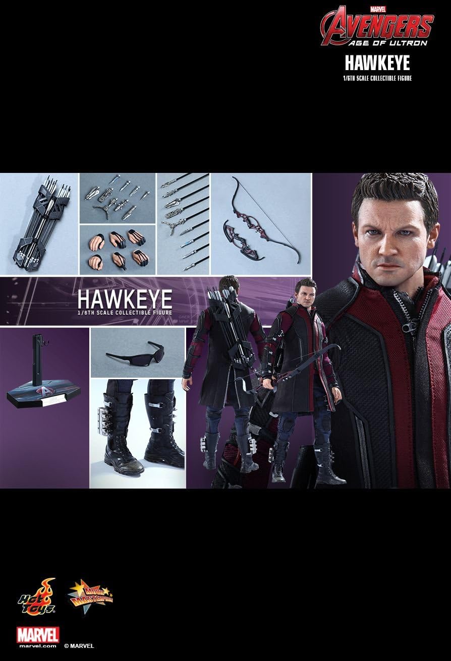 Hawkeye action figure, striking a cool pose—check out that intricate costume, it's got all the details. And the bow? Looks ready to shoot!