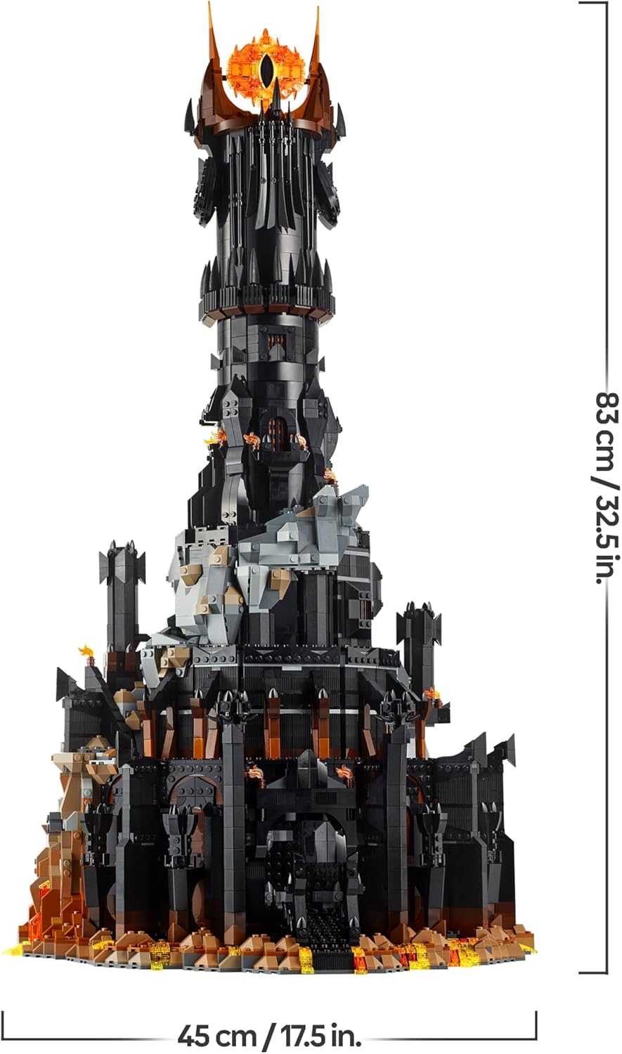 A Sauron LEGO minifigure, decked out in wicked dark armour, grips a sword tightly—standing tall in front of a detailed Barad-dûr model. The iconic Eye of Sauron looms above, casting an ominous gaze down. It's like a piece of Middle-earth just waiting for epic battles.