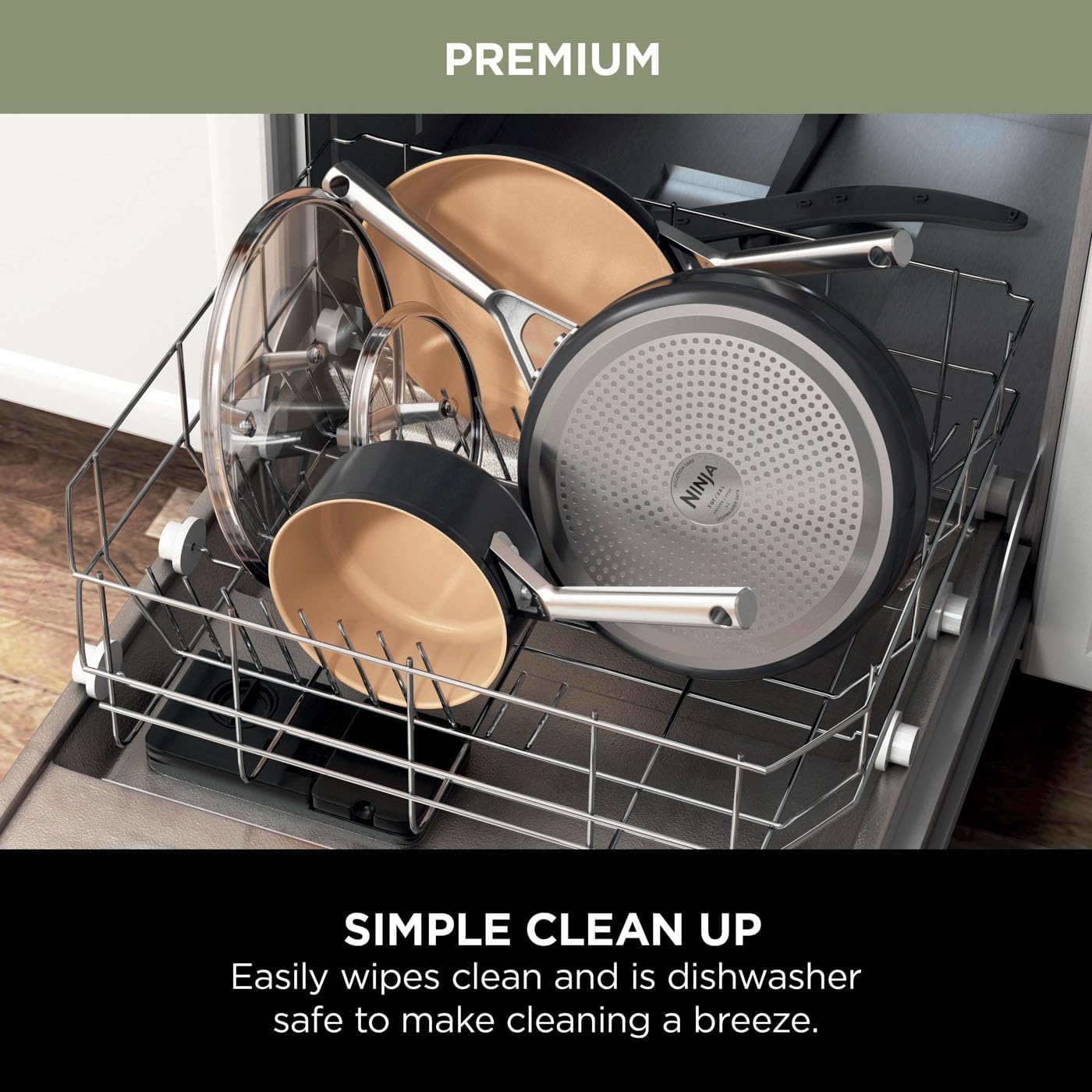 A lively red ceramic wok—Ninja brand—sits boldly on a rustic wooden countertop, its glossy non-stick surface gleaming, ready for your next culinary adventure.