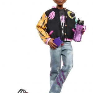 Clawd Wolf doll, rocking a cool varsity jacket and a graphic tee—those ripped jeans? So on point. Look at those wolf features, totally stand out. And the backdrop? Vibrant and full of life. Perfect for a collector’s display, or just an awesome friend to have!