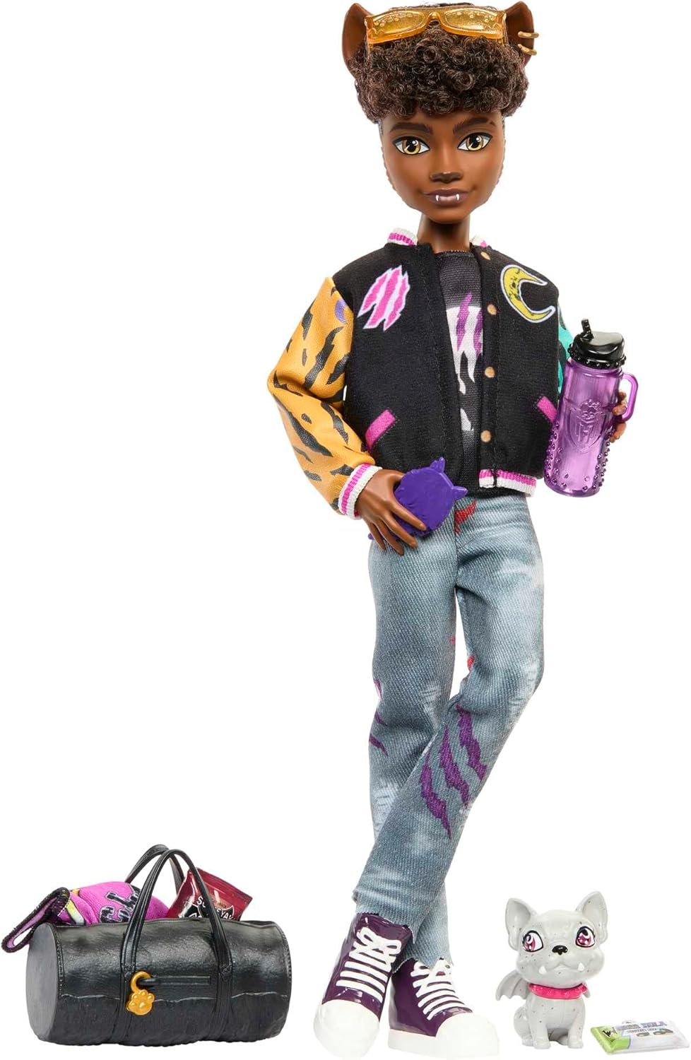 Clawd Wolf doll, rocking a cool varsity jacket and a graphic tee—those ripped jeans? So on point. Look at those wolf features, totally stand out. And the backdrop? Vibrant and full of life. Perfect for a collector’s display, or just an awesome friend to have!