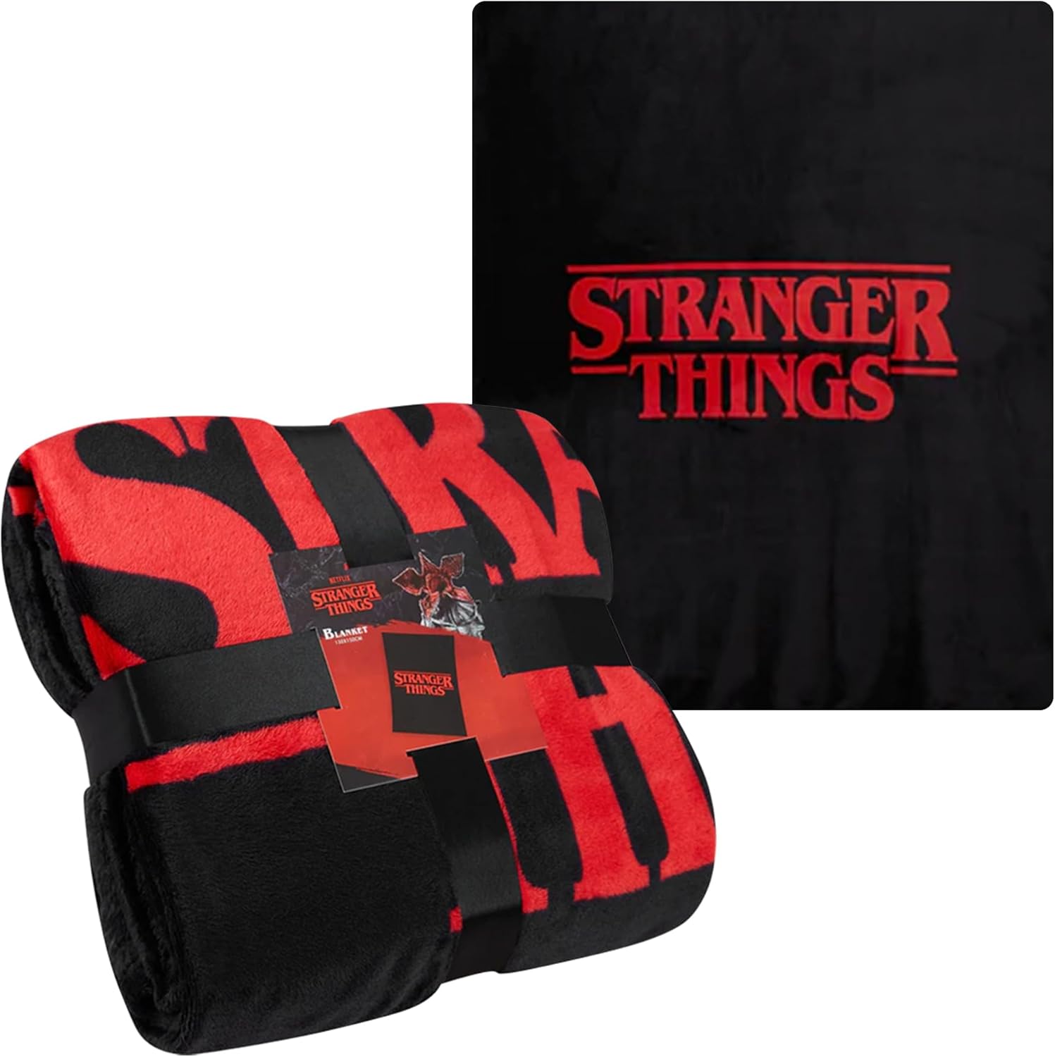 A striking red Stranger Things fleece blanket sprawled across a couch—it's soft to the touch, and oh so comfy. Perfect for binge-watching your favourite series or just snuggling up on a chilly night.