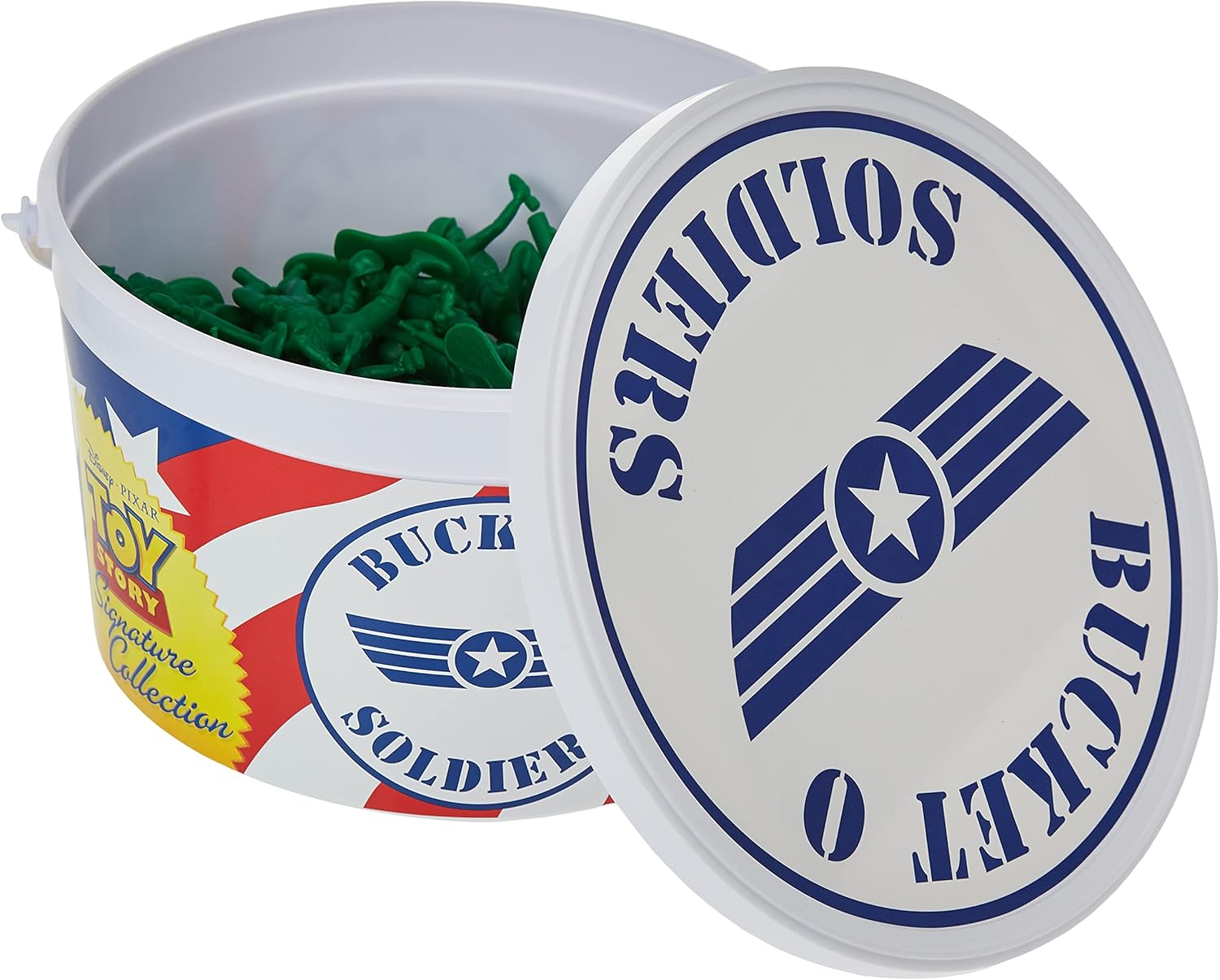 A bright green bucket overflowing with 72 Toy Story army figures, all kinds of poses—yep, even a couple of those cool parachute guys. Just pops against that stark white backdrop, doesn't it?