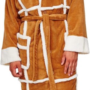 A vibrant blue and yellow Only Fools and Horses robe—featuring that classic Trotters logo. It’s got a hood too, perfect for those lazy Sundays. Hanging here against a plain backdrop, it’s like a little piece of TV nostalgia just waiting to wrap you up in comfort.