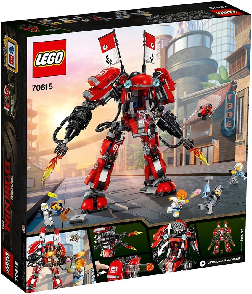 A striking LEGO Ninjago Fire Mech set—this multi-coloured robot is seriously eye-catching. It has posable arms and legs, perfect for action poses. Plus, you get six minifigures, including fan-favourites Kai and Zane. All set against a clean white backdrop, making those vibrant colors pop!