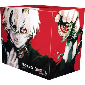 A stacked collection of Tokyo Ghoul manga, each volume flaunting its own wild cover design—against a clean white backdrop. The spines, vibrant and eye-catching, promise dark stories and twisted plots. Perfect for fans, really.