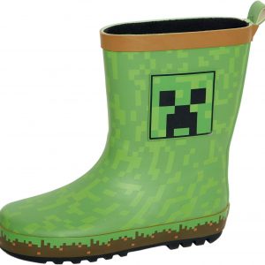 Vibrant bright green Minecraft wellies—just look at that Creeper design! They’ve got a high gloss finish, really shiny, and a tough rubber sole that can handle the muddiest of adventures. Perfect for puddle jumping!