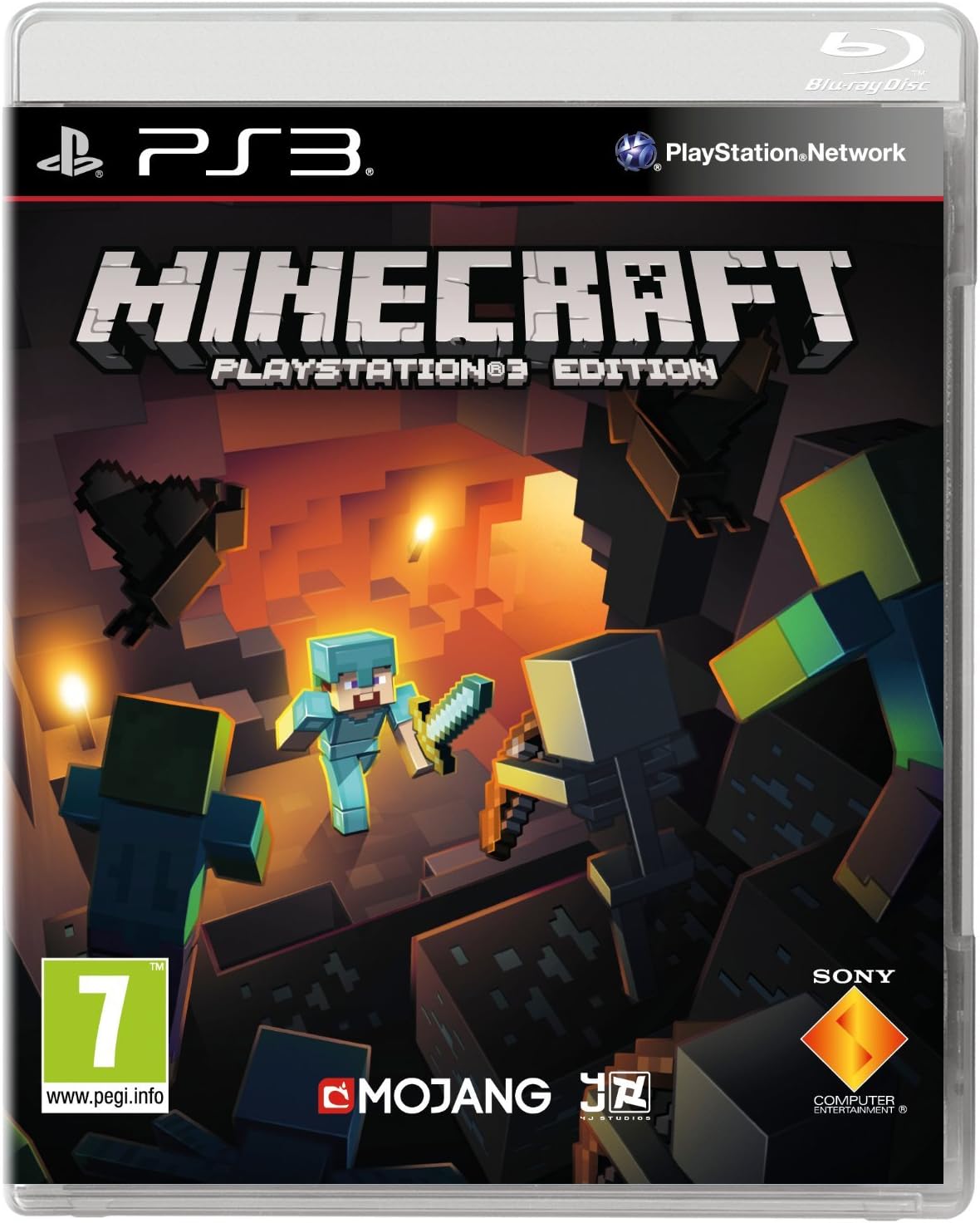 Game cover for Minecraft on PS3—bold, colourful art splashes across the scene. Iconic blocky characters pose amid an endless landscape, just begging for adventures. It's all about exploration and creativity, who wouldn't dive in?