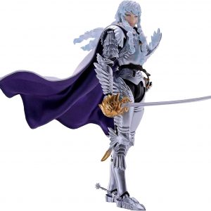 Griffith stands tall, draped in detailed armour that catches the light just right, you know? The cape billows dramatically behind him, giving off serious hero vibes. His stance—so confident, almost boastful—makes you wanna know his story. And the neutral background? It really lets him shine.
