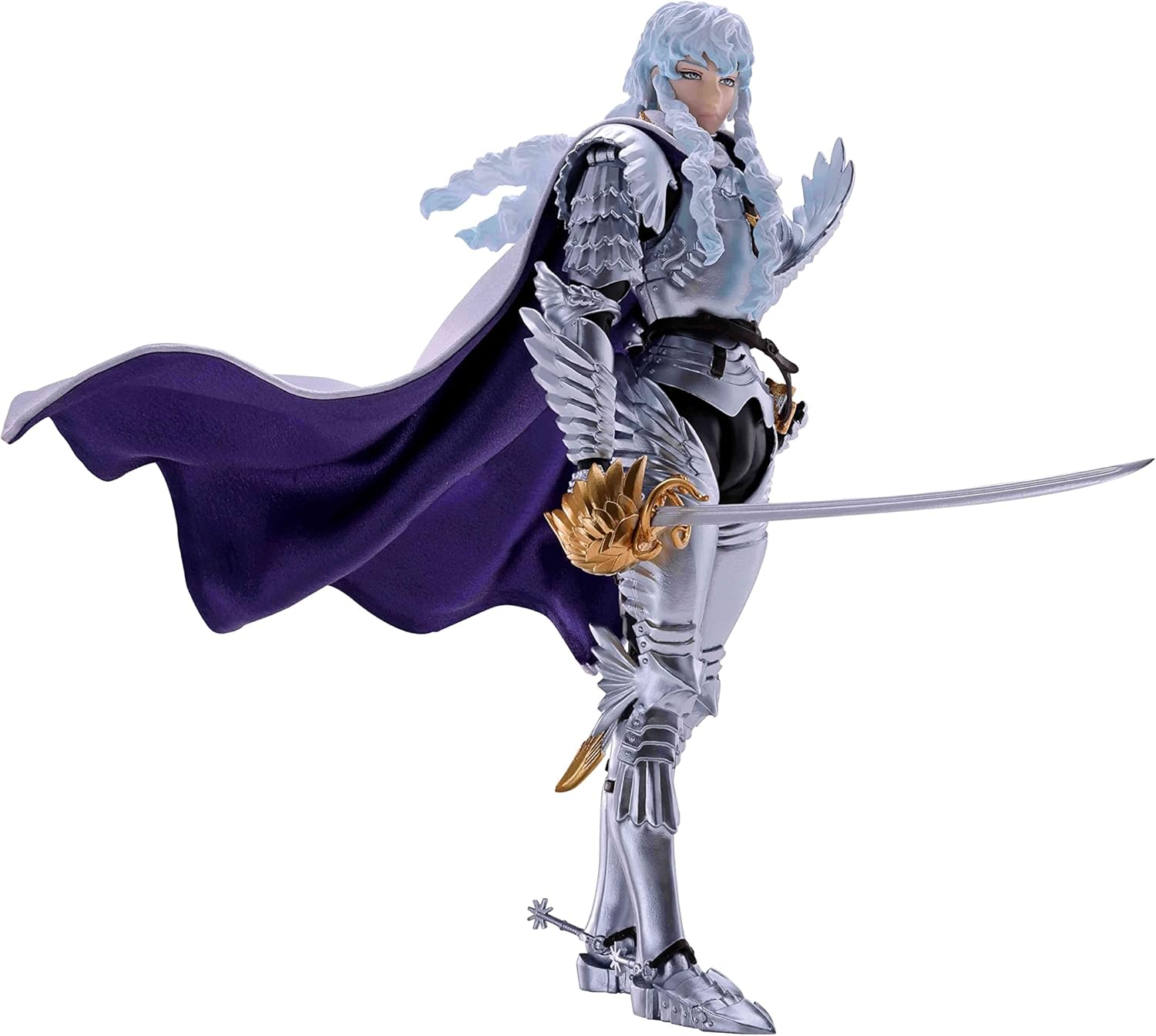 Griffith stands tall, draped in detailed armour that catches the light just right, you know? The cape billows dramatically behind him, giving off serious hero vibes. His stance—so confident, almost boastful—makes you wanna know his story. And the neutral background? It really lets him shine.