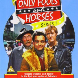 Cover art for "Only Fools and Horses" Series 1, Episode 1. Del Boy and Rodney—classic duo—hang out in a lively street scene, all bright colours and cheeky charm. You can almost hear the laughs echoing from the classic sitcom.