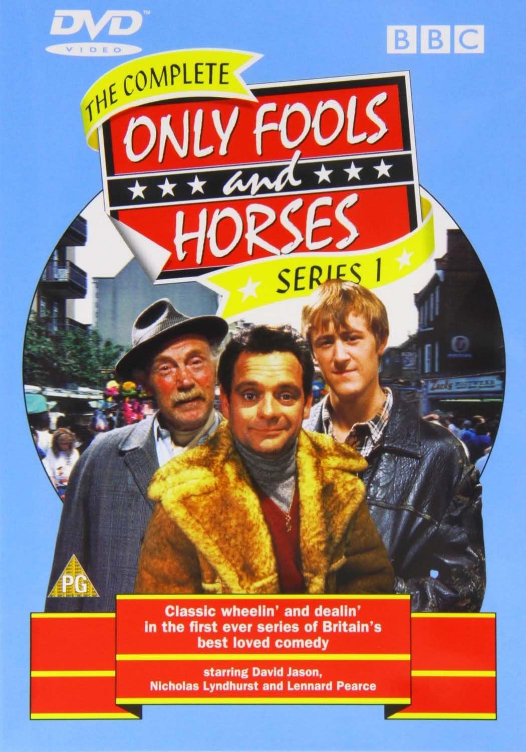 Cover art for "Only Fools and Horses" Series 1, Episode 1. Del Boy and Rodney—classic duo—hang out in a lively street scene, all bright colours and cheeky charm. You can almost hear the laughs echoing from the classic sitcom.