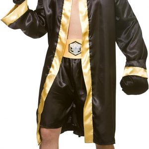 Boxer costume laid out on a mannequin—vibrant red satin robe, matching shorts, classic white gloves. Perfect for dressing up or just showing off. The rich fabric gleams against a simple backdrop, catching the eye. Ready to rumble or just look the part?
