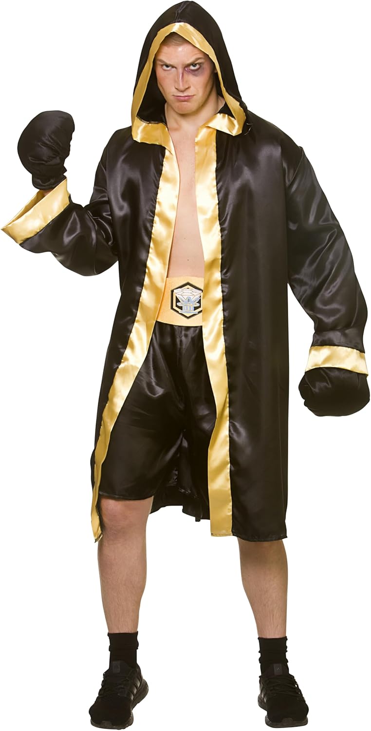 Boxer costume laid out on a mannequin—vibrant red satin robe, matching shorts, classic white gloves. Perfect for dressing up or just showing off. The rich fabric gleams against a simple backdrop, catching the eye. Ready to rumble or just look the part?