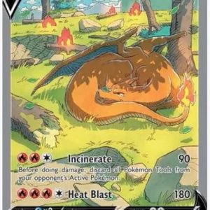 Charizard doing its thing—stunning art, right? Bursting with colours, it’s really something. Look at that pose, like it’s about to take off—seriously, who imagined this wild background? Just wow.