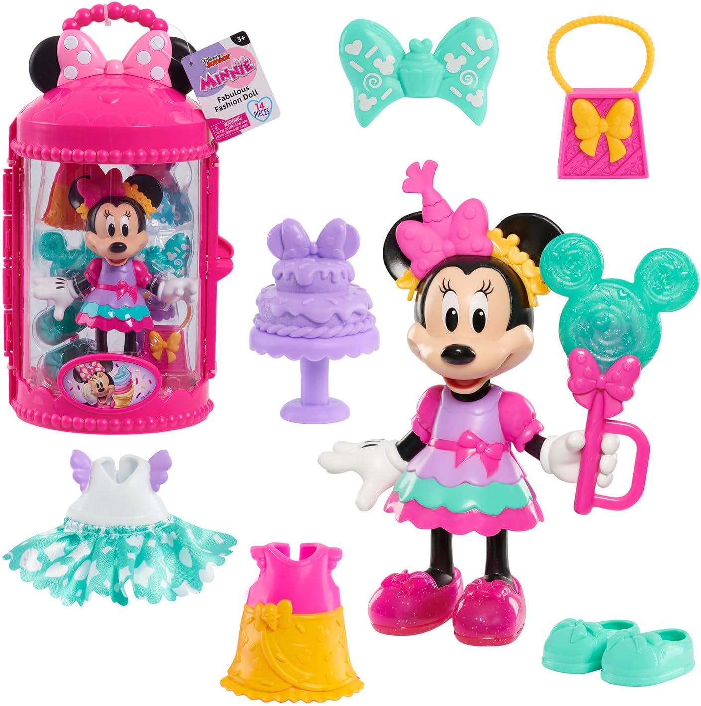Minnie Mouse fashion doll from Disney Junior, rocking a cute pink outfit. Comes with—get this—two pairs of funky shoes, a stylish handbag, and some fab accessories. All packed in a bright, eye-catching carrying case. Perfect for little ones who adore playtime!