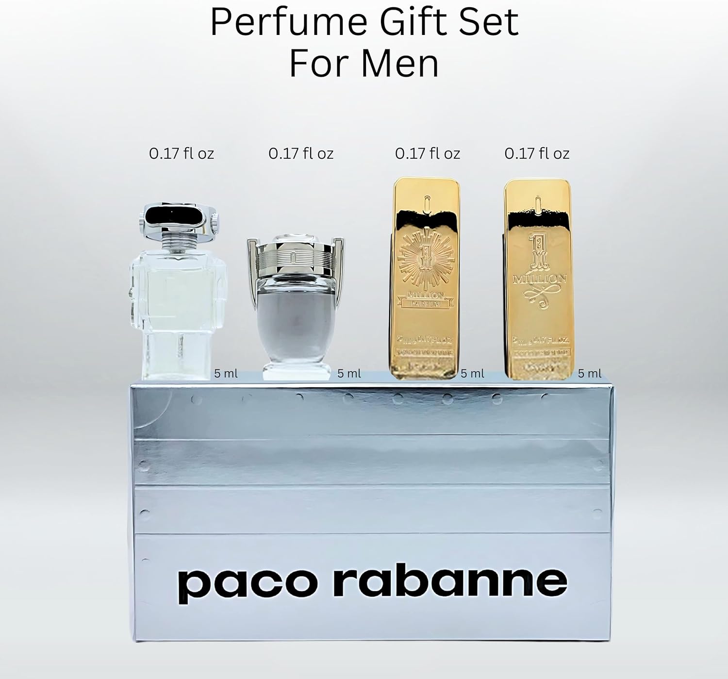 Paco Rabanne miniature fragrance set—stylishly arranged with several tiny perfume bottles, perfect for travel or just a little daily luxury. Who wouldn't love the charm of these cute bottles?