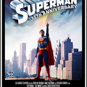 Retro Superman poster from the 1978 film – you’ve got the classic logo front and centre, Superman himself taking flight, like he owns the sky, all set against this brilliant blue backdrop. Pure nostalgia.