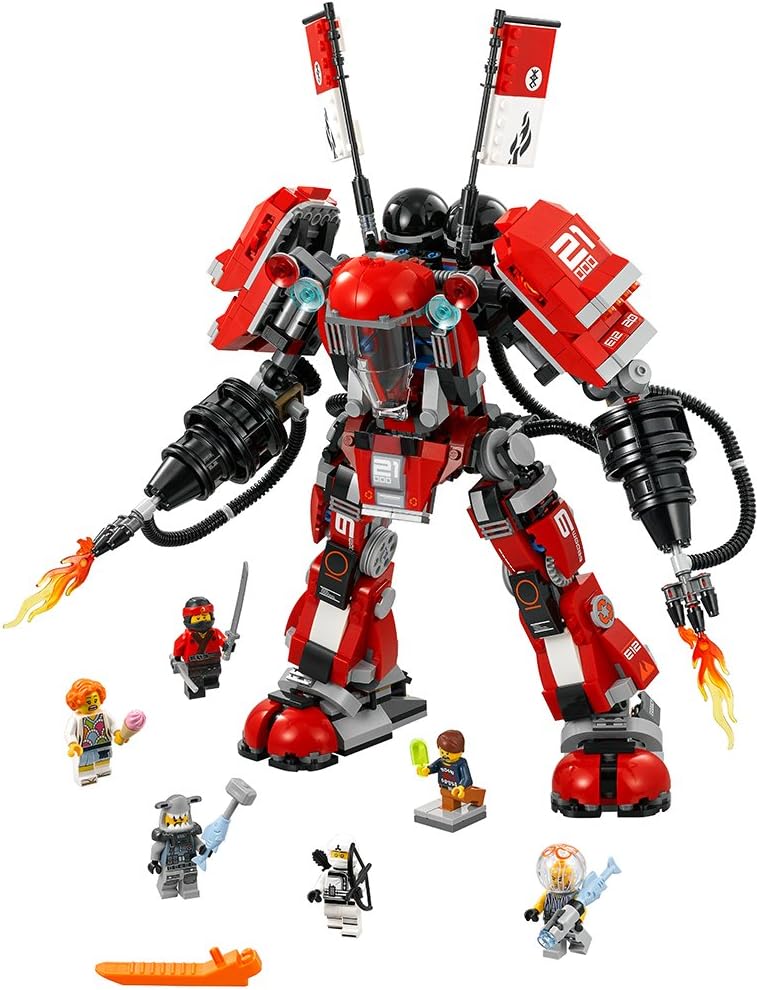 Brightly coloured LEGO Ninjago Fire Mech—this thing is wild! Complete with movable arms and legs, and just look at those six minifigures hanging out, Kai and Zane among them. It’s a playset that screams adventure.