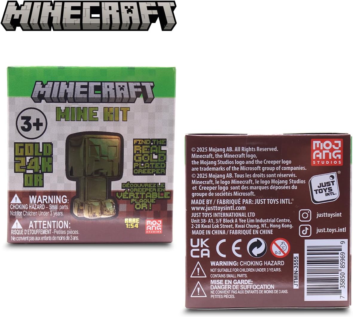 Brightly designed Minecraft Mine Kit packaging—check out those vibrant colours! It’s got character options galore. Plus, don’t miss the shiny gold-plated Creeper collectible—seriously, how cool is that? A must-have for fans, or just anyone who loves a bit of blocky fun.