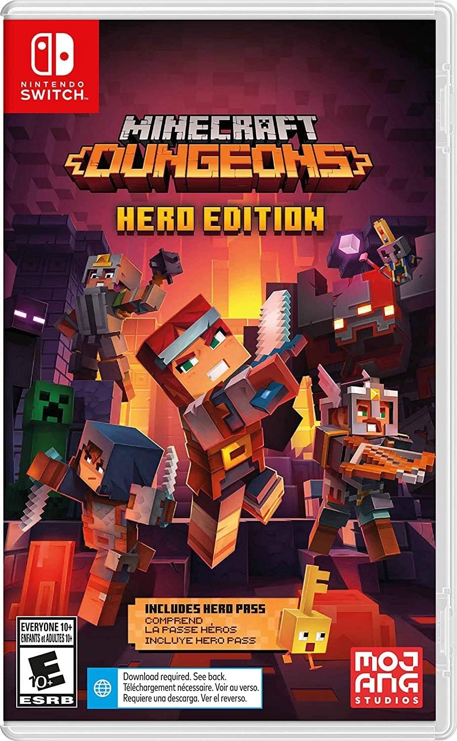 Hero Edition cover of Minecraft Dungeons—vivid action-packed scene, characters clashing with creepy-crawlies in shadowy depths. Treasure glimmers, threats loom. A chaotic dance of colours and danger.