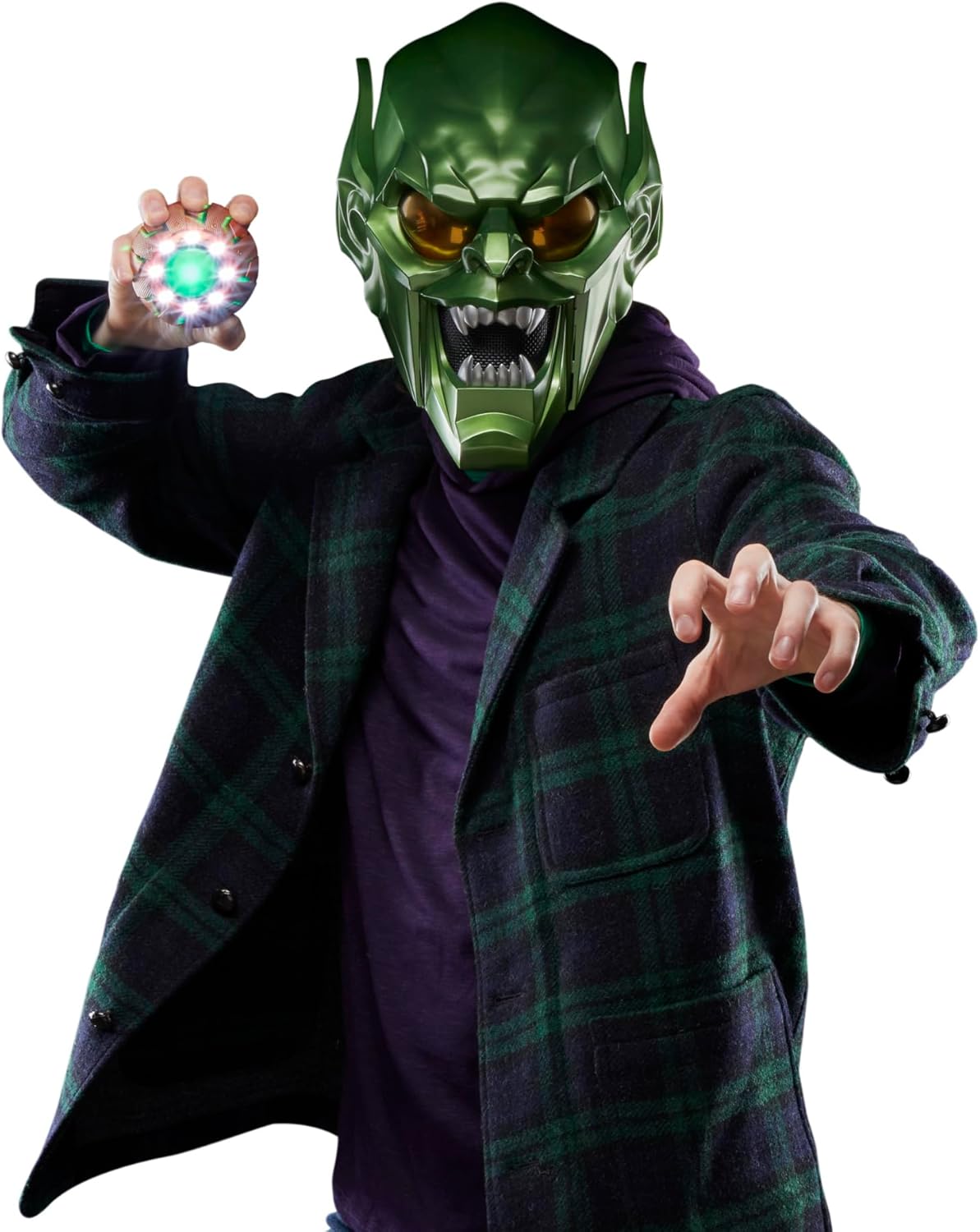 A striking Green Goblin mask—just look at that electric green! It’s got a cool metallic finish, catching the light in all the right ways. Set against a soft, neutral backdrop, it really pops. You can almost feel the mischief lurking behind those features. Perfect for cosplay or just showing off your wild side!