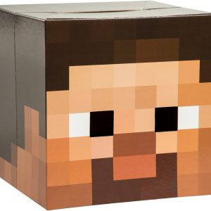 A vibrant Steve mask from Minecraft—cardboard, pixelated, and oh-so-cool. Set against a plain backdrop, it really pops! Perfect for kids' parties or just a fun day of gaming.