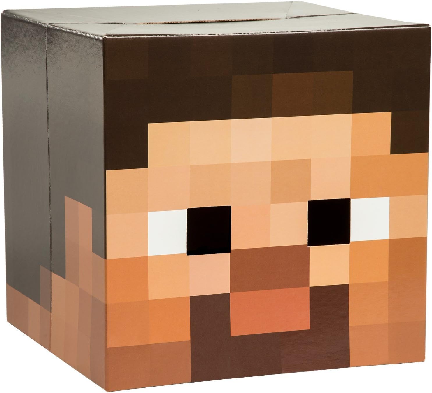 A vibrant Steve mask from Minecraft—cardboard, pixelated, and oh-so-cool. Set against a plain backdrop, it really pops! Perfect for kids' parties or just a fun day of gaming.