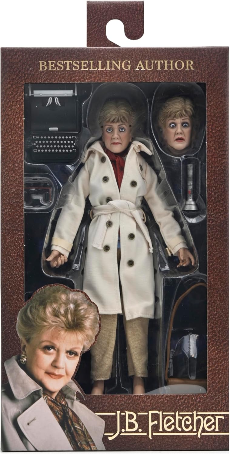 A Jessica Fletcher doll, rocking a floral blouse and snazzy cardigan, clutching a notepad—classic hairstyle, deep in thought. Her expression? Totally capturing that mystery-solving vibe.