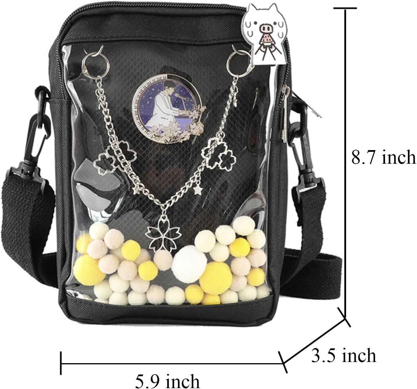A soft plush ita bag decked out in cool anime art—scattered with quirky pins and patches, it’s like a mini gallery on the go. Set against a plain backdrop, it really pops. Perfect for anime fans who love to flaunt their collection.